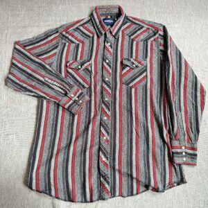 VINTAGE Wrangler Flannel Shirt Size XLT Red Black Striped Long Sleeve Pearl Snap